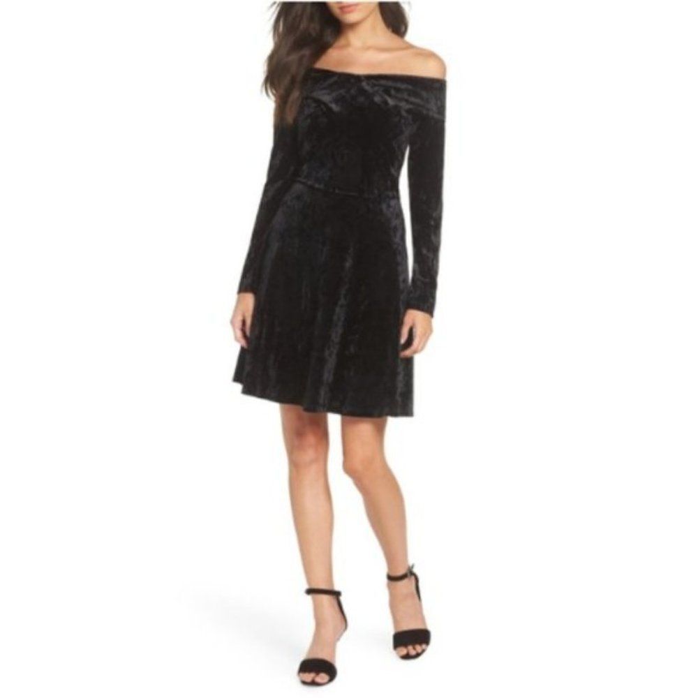 Chelsea28 Off-the-Shoulder black long sleeve  Velour Flare Dress